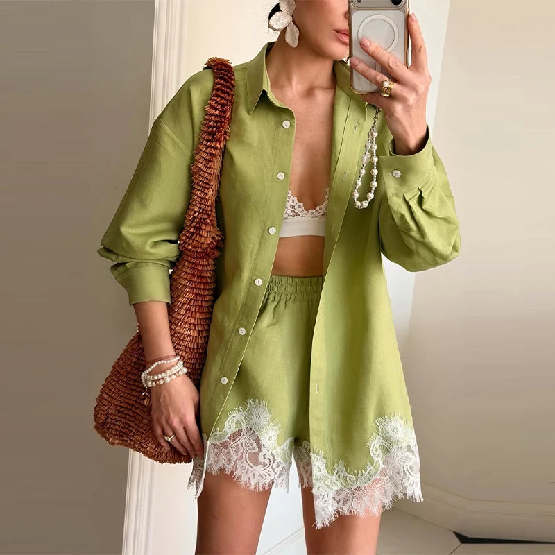 Long Sleeve Button Up Lace Patchwork Shorts Set