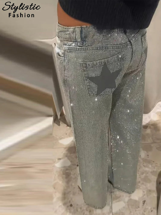 Sparkling Star Denim Wide-leg Pants
