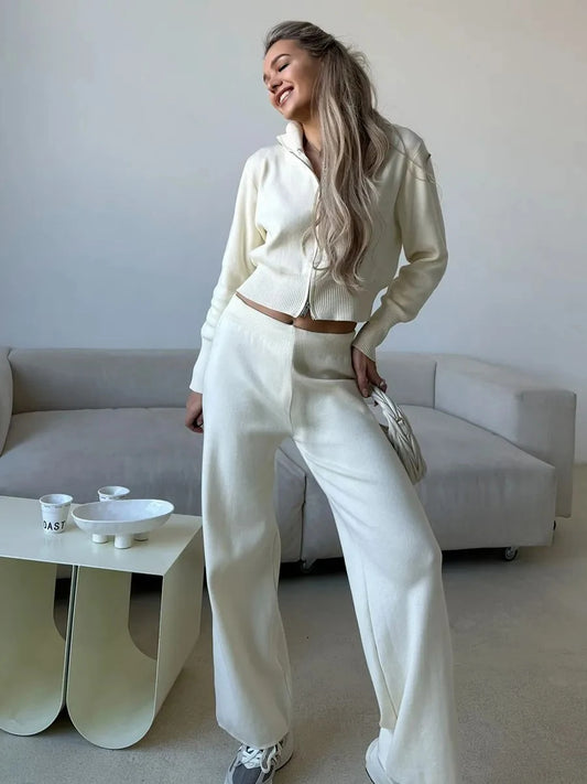 Knit Zip Up Cardigan Wide Leg Pants Set