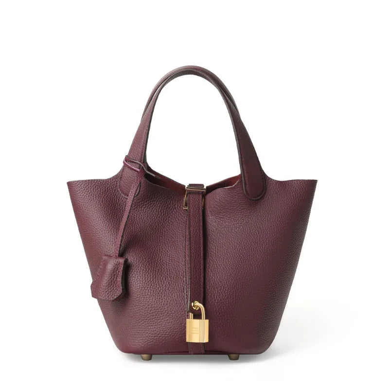 Genuine Leather Bucket Bag with Lock