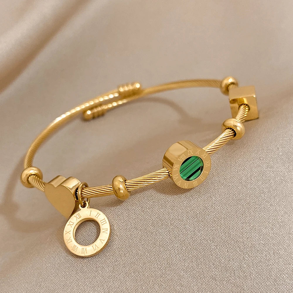 Stainless Steel Malachite Charm Bracelet