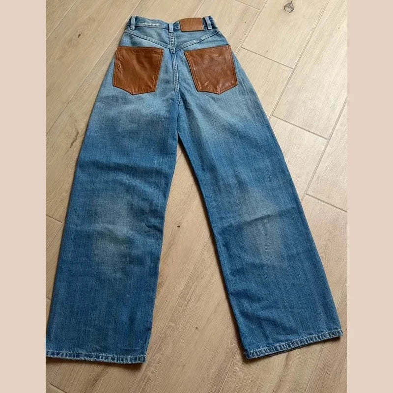 Leather Patchwork Denim Trousers