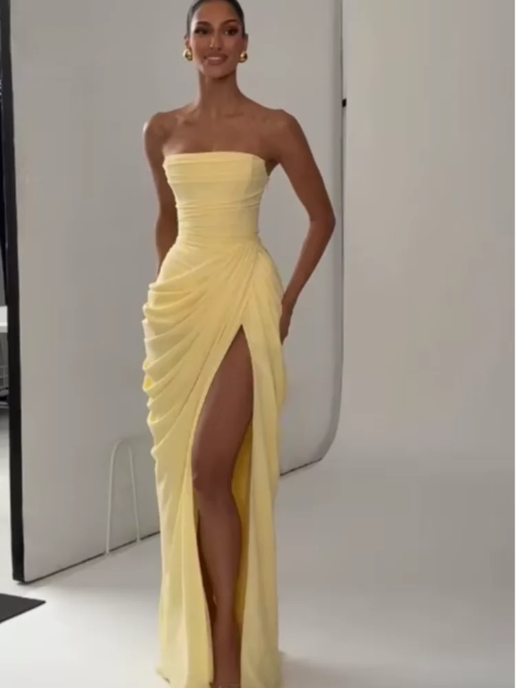 Solid Pleated Strapless Dress