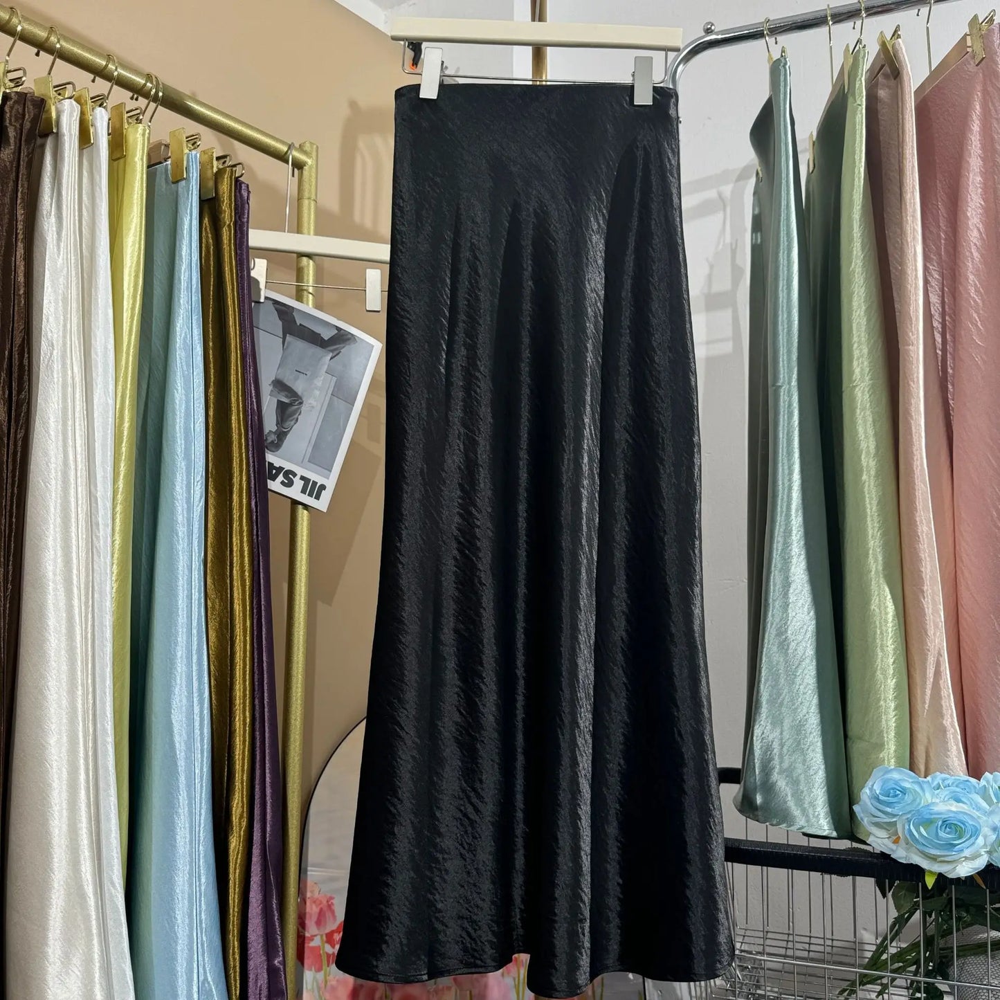 Glossy Satin Midi Skirt