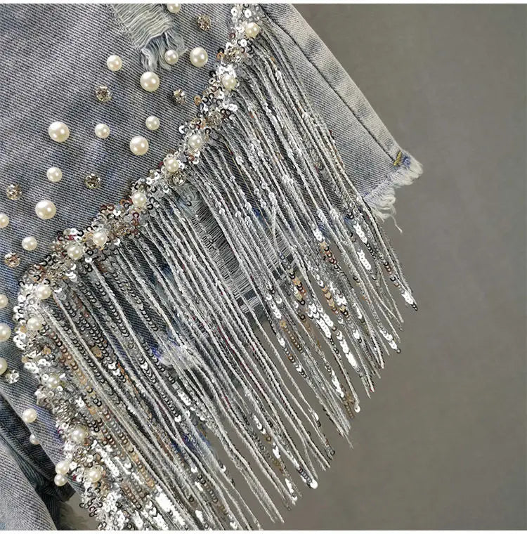 Tassel Beading High Waist Denim Shorts No Belt
