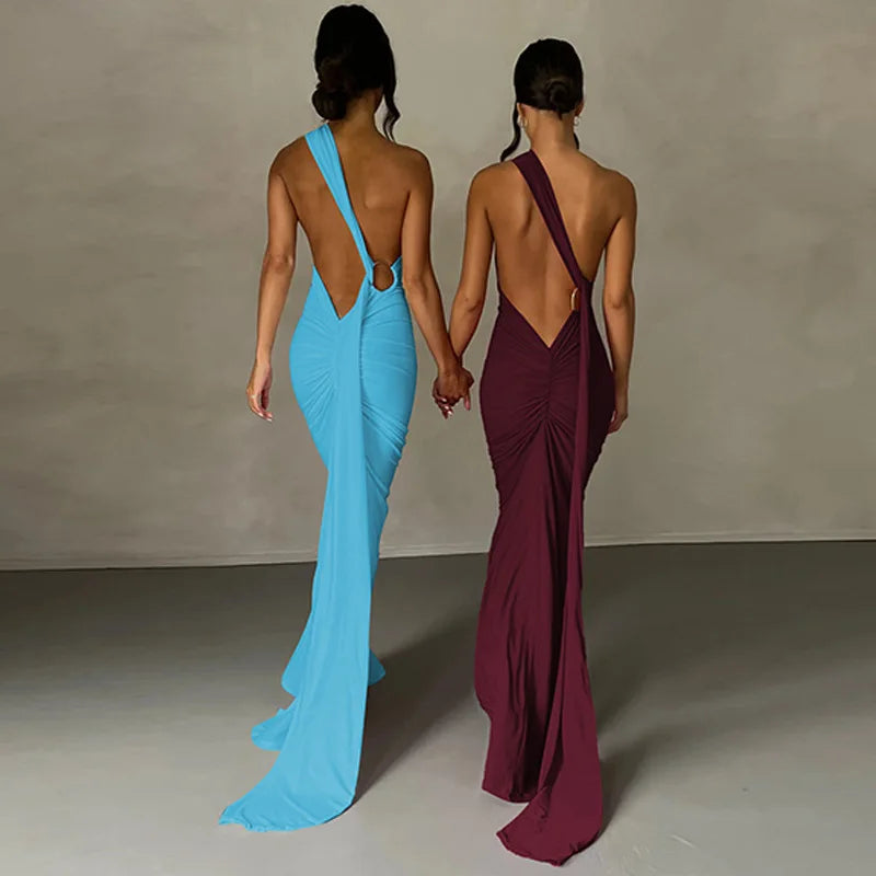 One Shoulder Backless Ruched Dress