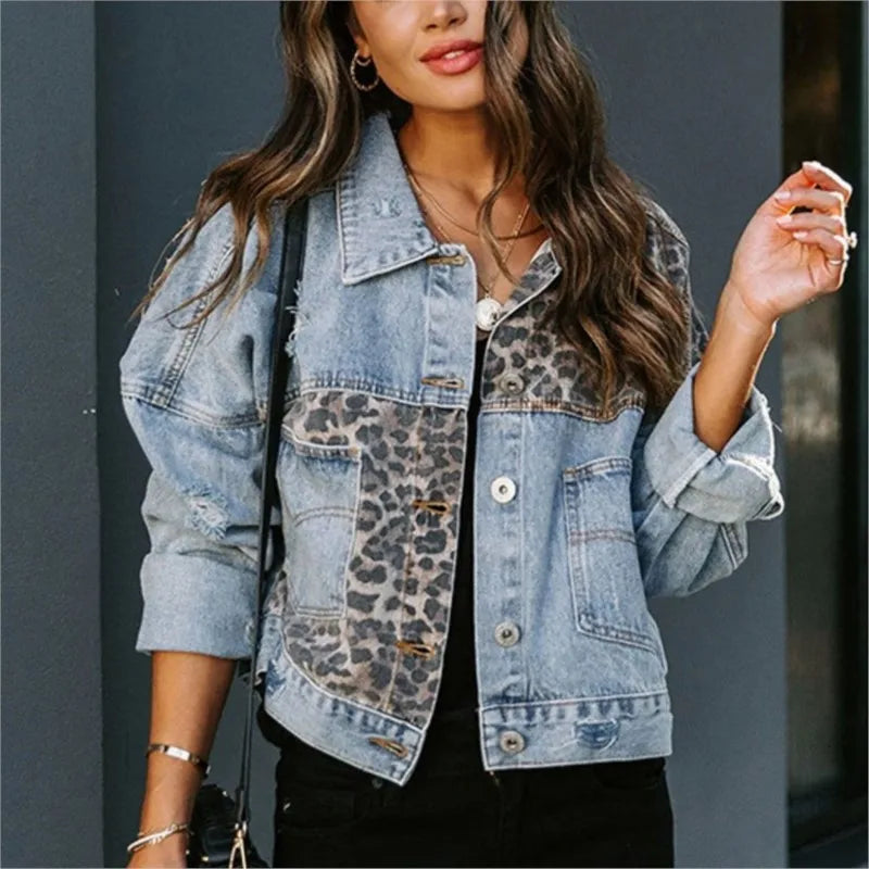 Leopard Patchwork Denim Jacket