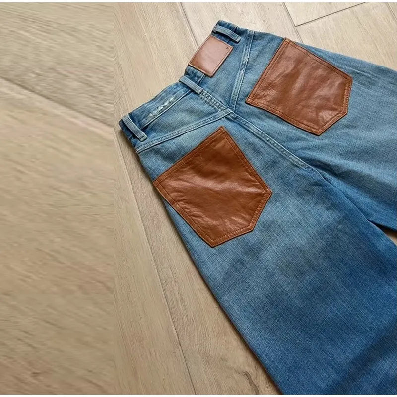 Leather Patchwork Denim Trousers