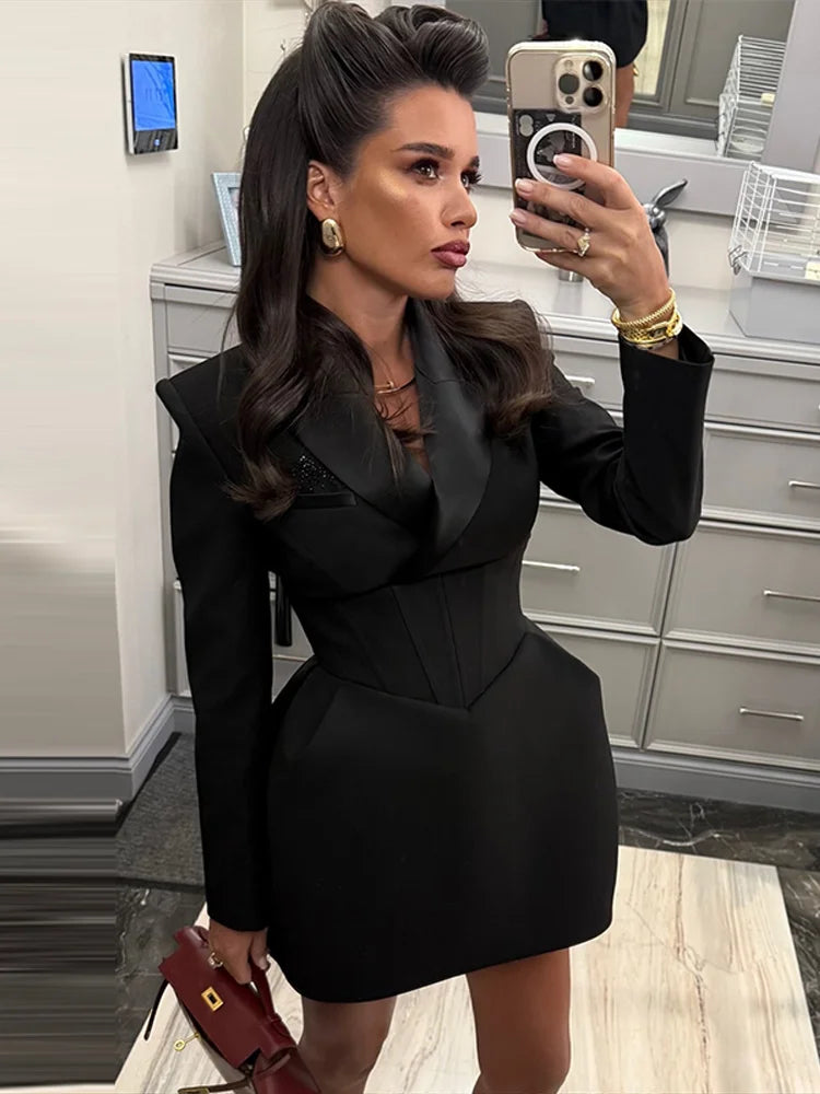 Lapel Waist Cinching Suit Dress