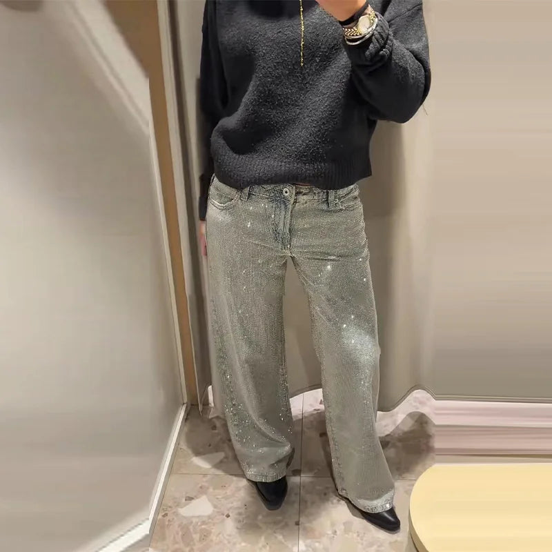 Sparkling Star Denim Wide-leg Pants