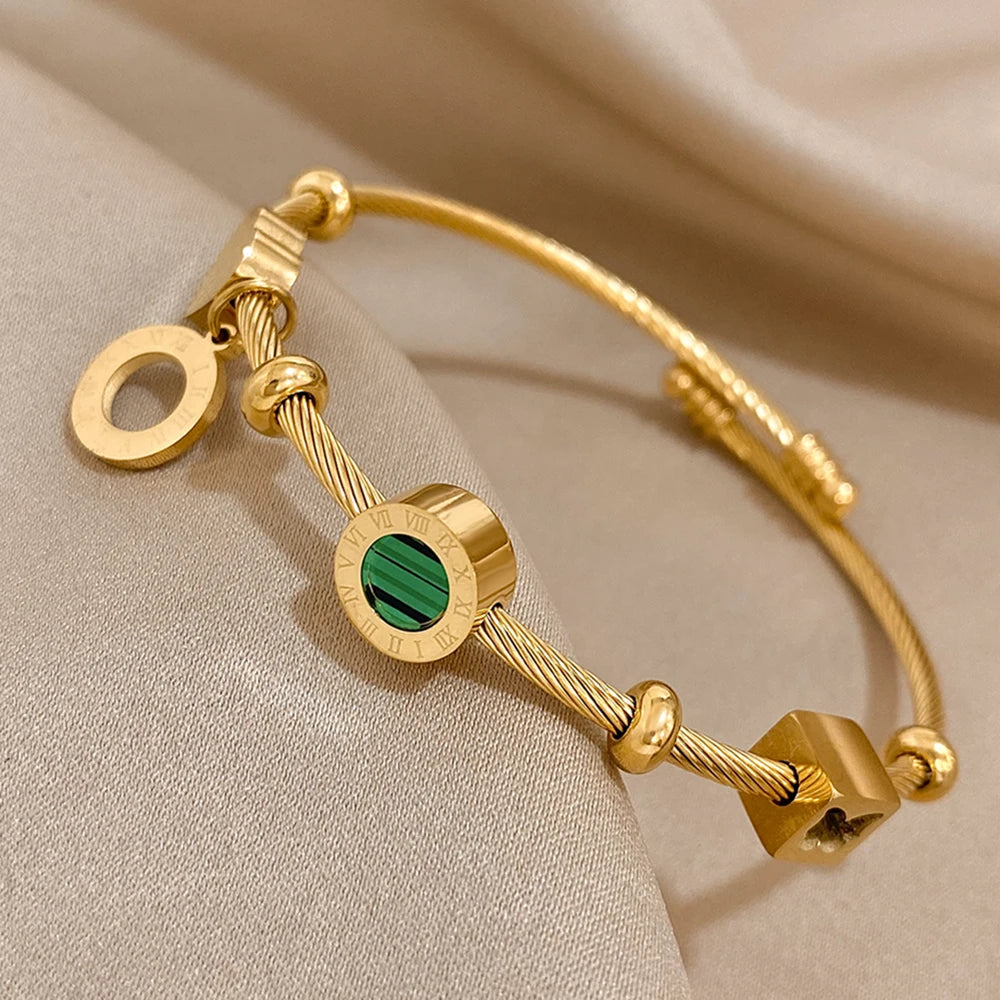 Stainless Steel Malachite Charm Bracelet