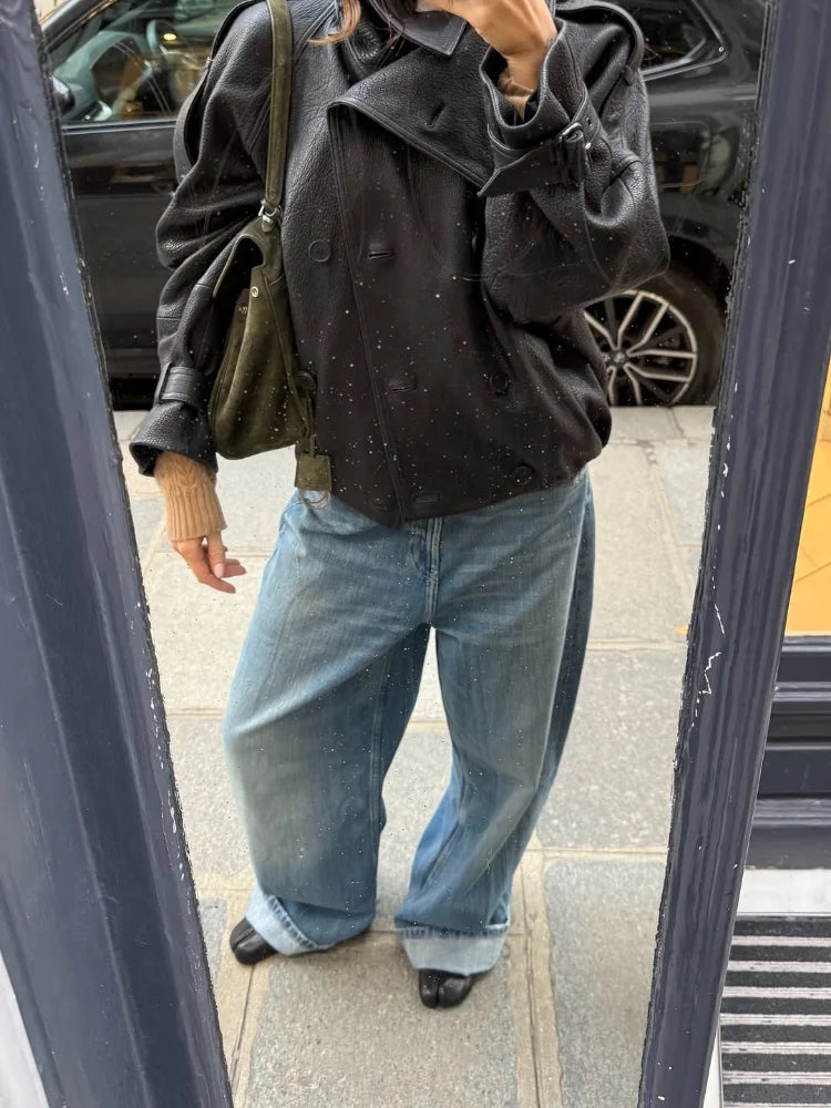 Leather Patchwork Denim Trousers