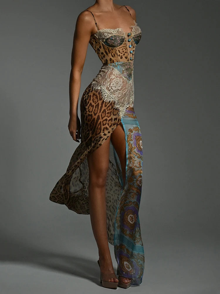 Sheer Leopard Print Lace Chiffon Maxi Dress