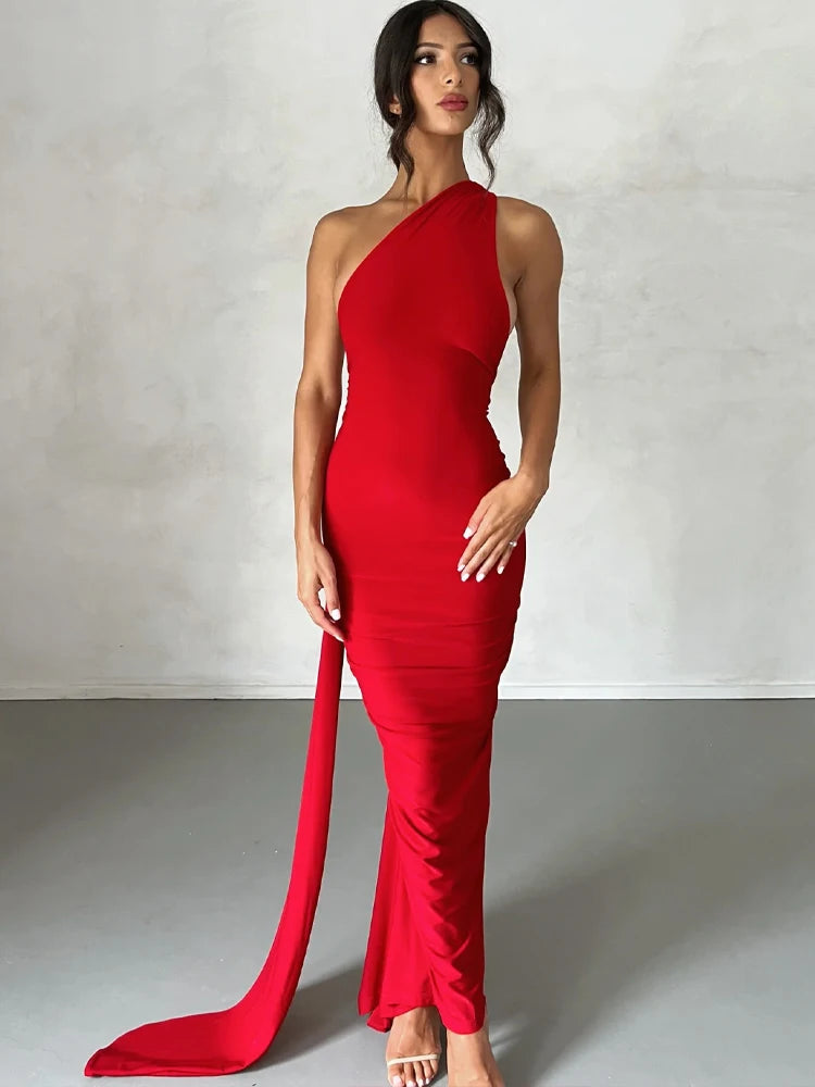 One Shoulder Backless Ruched Dress