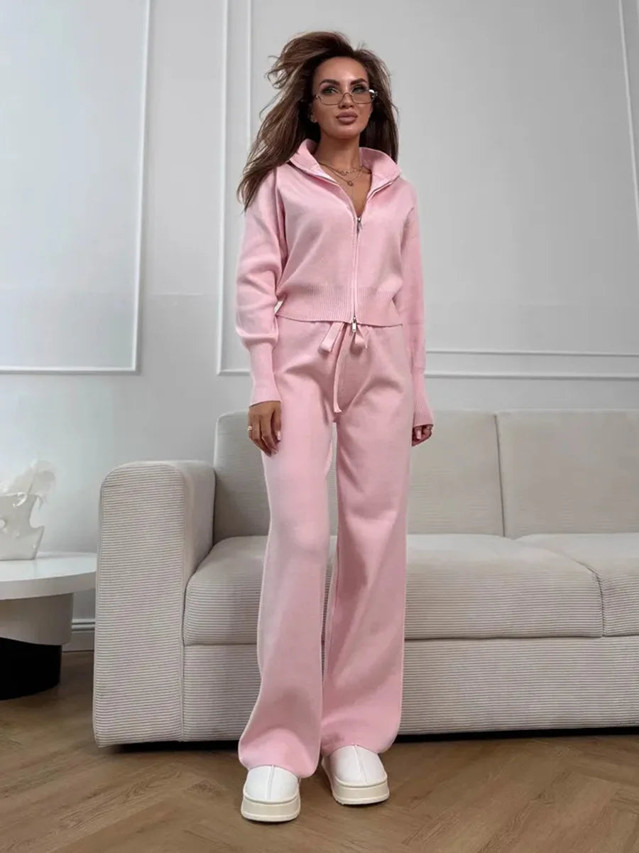 Knit Zip Up Cardigan Wide Leg Pants Set