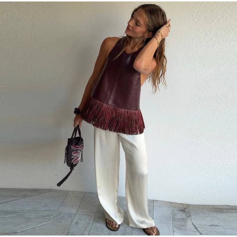 Faux Leather Fringe Halter Top