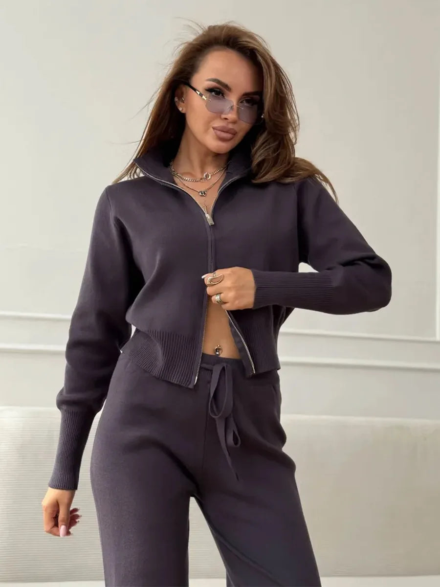 Knit Zip Up Cardigan Wide Leg Pants Set