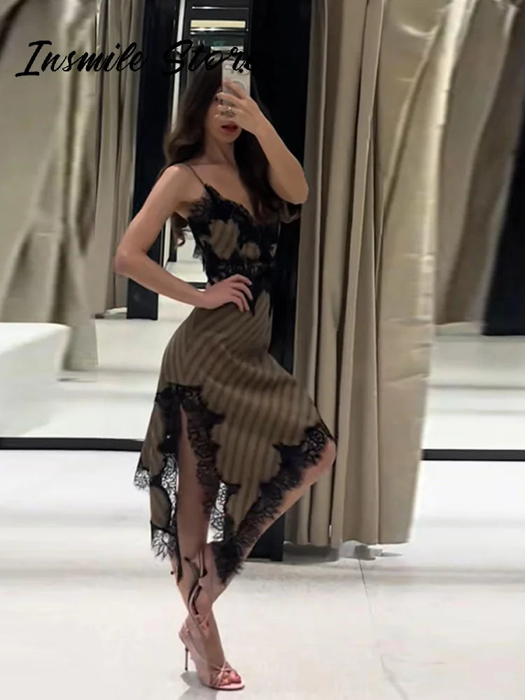Lace Striped Sling Dress