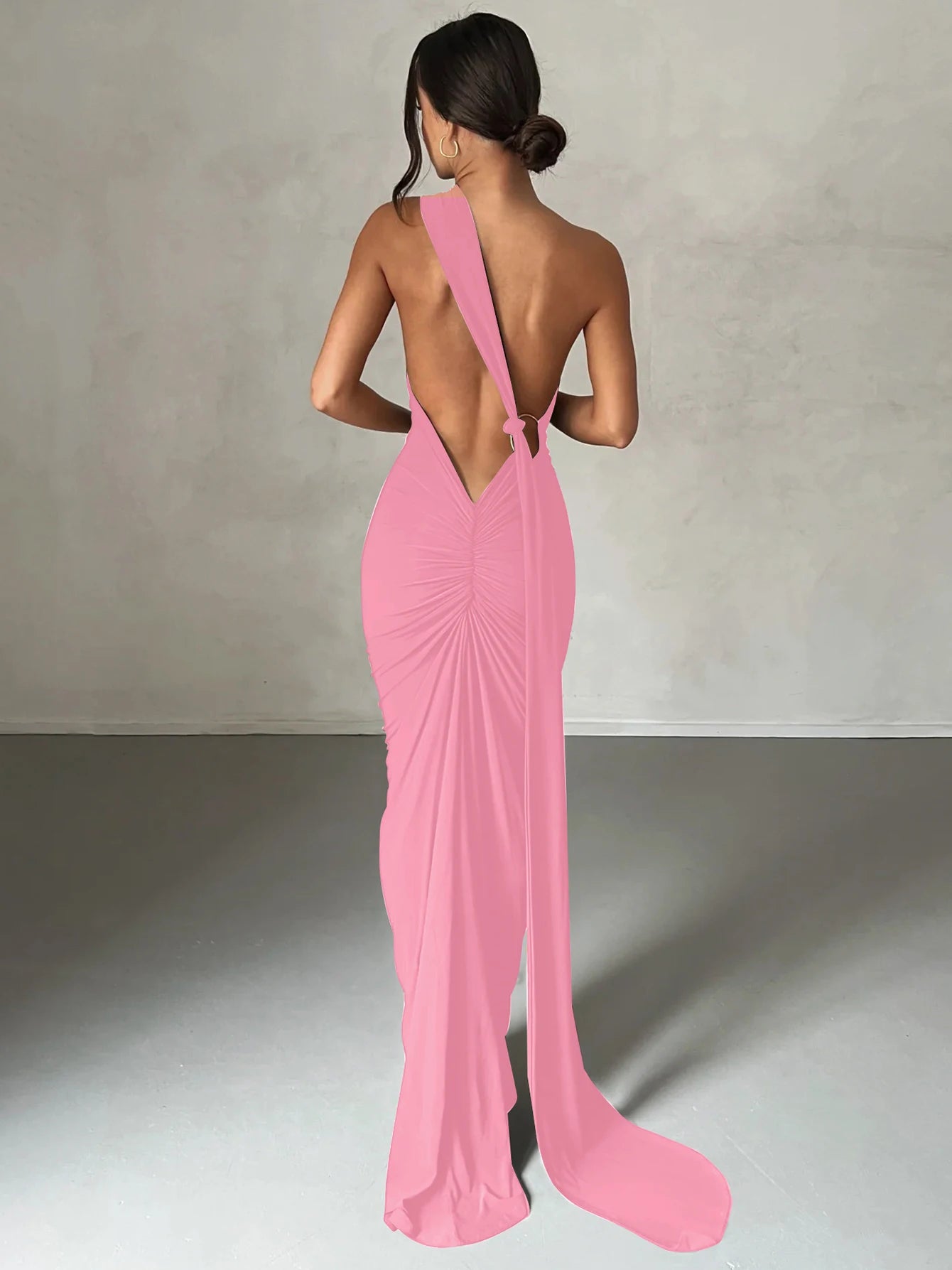One Shoulder Backless Ruched Dress