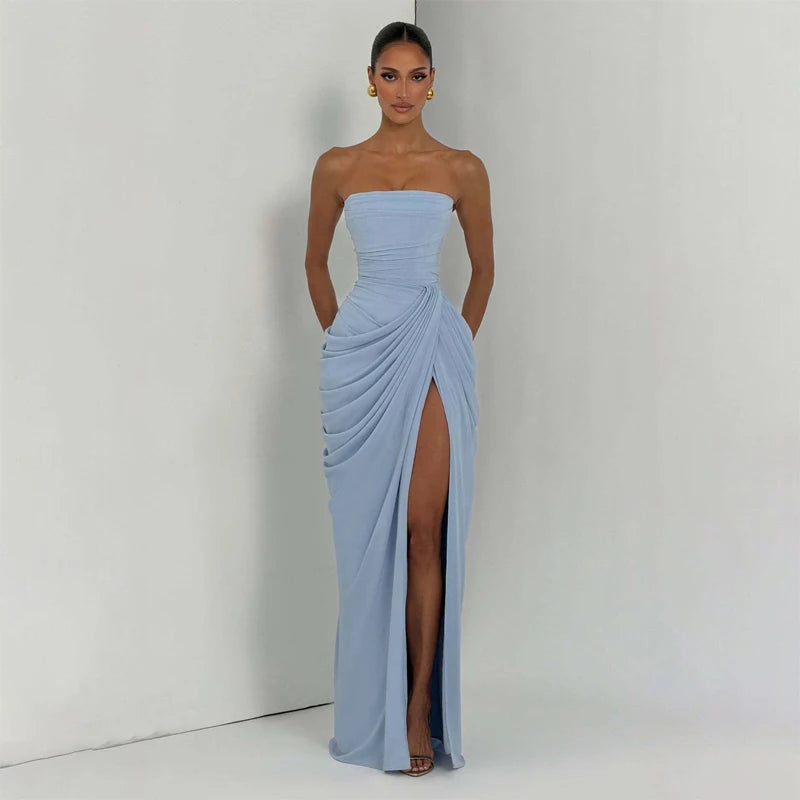 Solid Pleated Strapless Dress