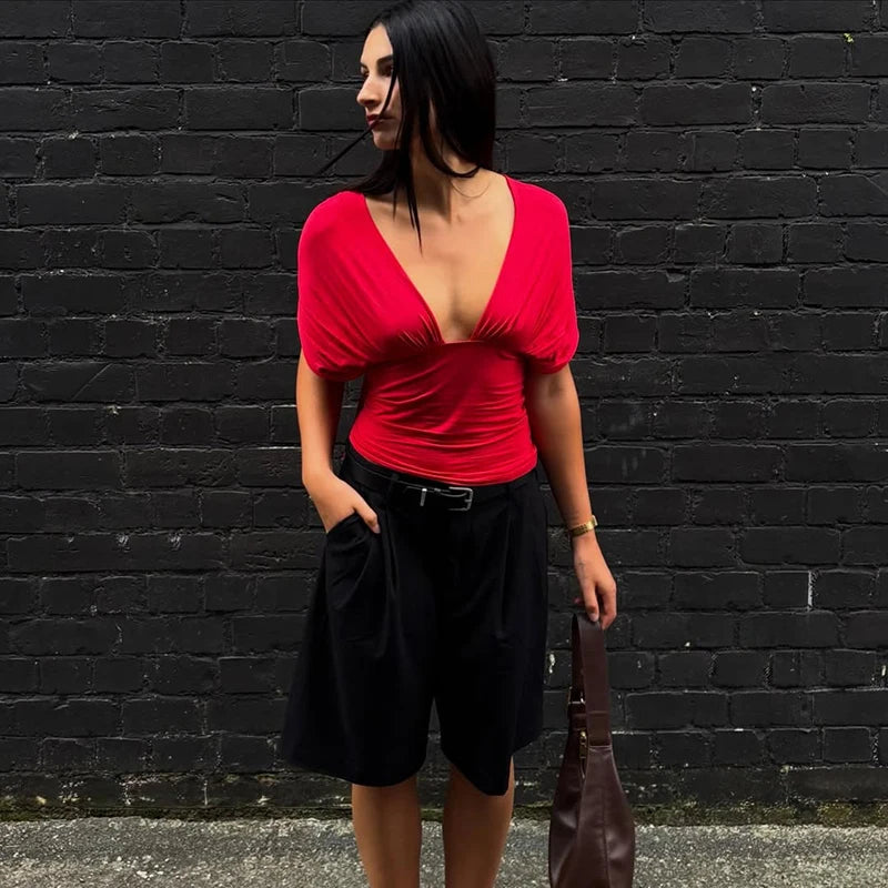 Backless draped shoulder blouse