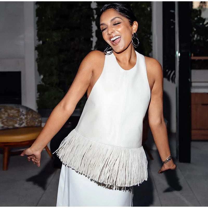Faux Leather Fringe Halter Top