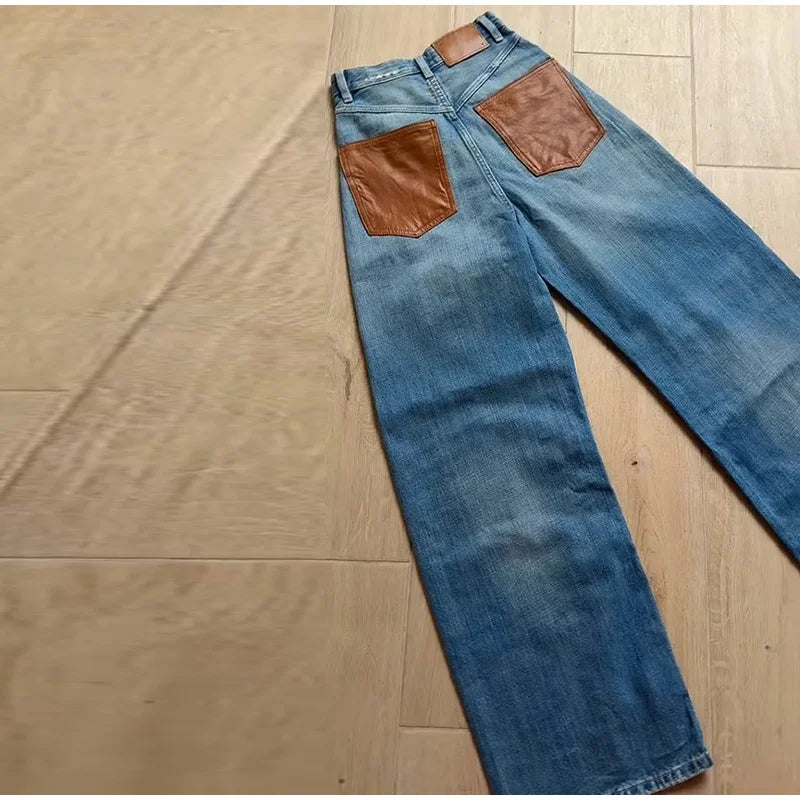 Leather Patchwork Denim Trousers