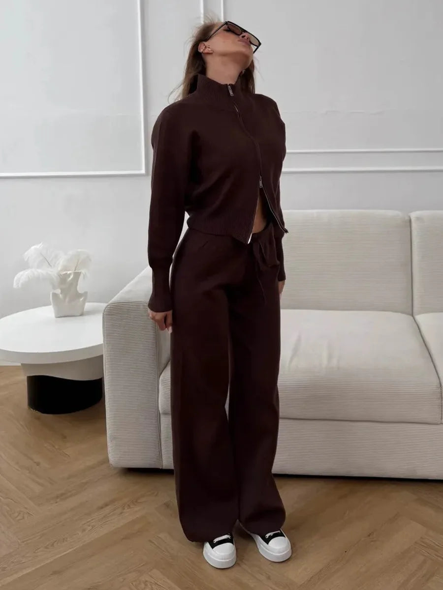 Knit Zip Up Cardigan Wide Leg Pants Set