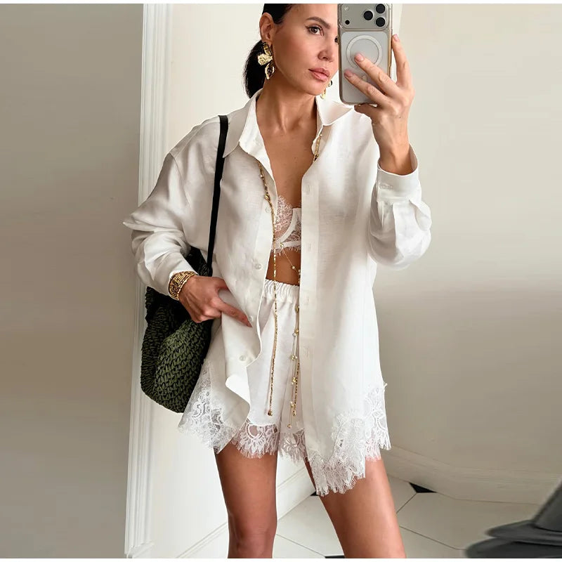 Long Sleeve Button Up Lace Patchwork Shorts Set