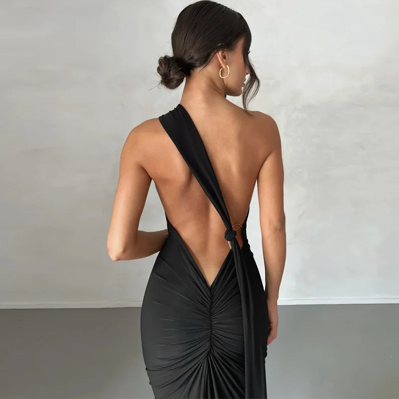 One Shoulder Backless Ruched Dress
