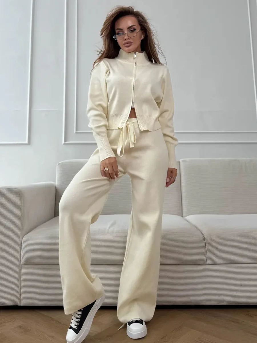 Knit Zip Up Cardigan Wide Leg Pants Set
