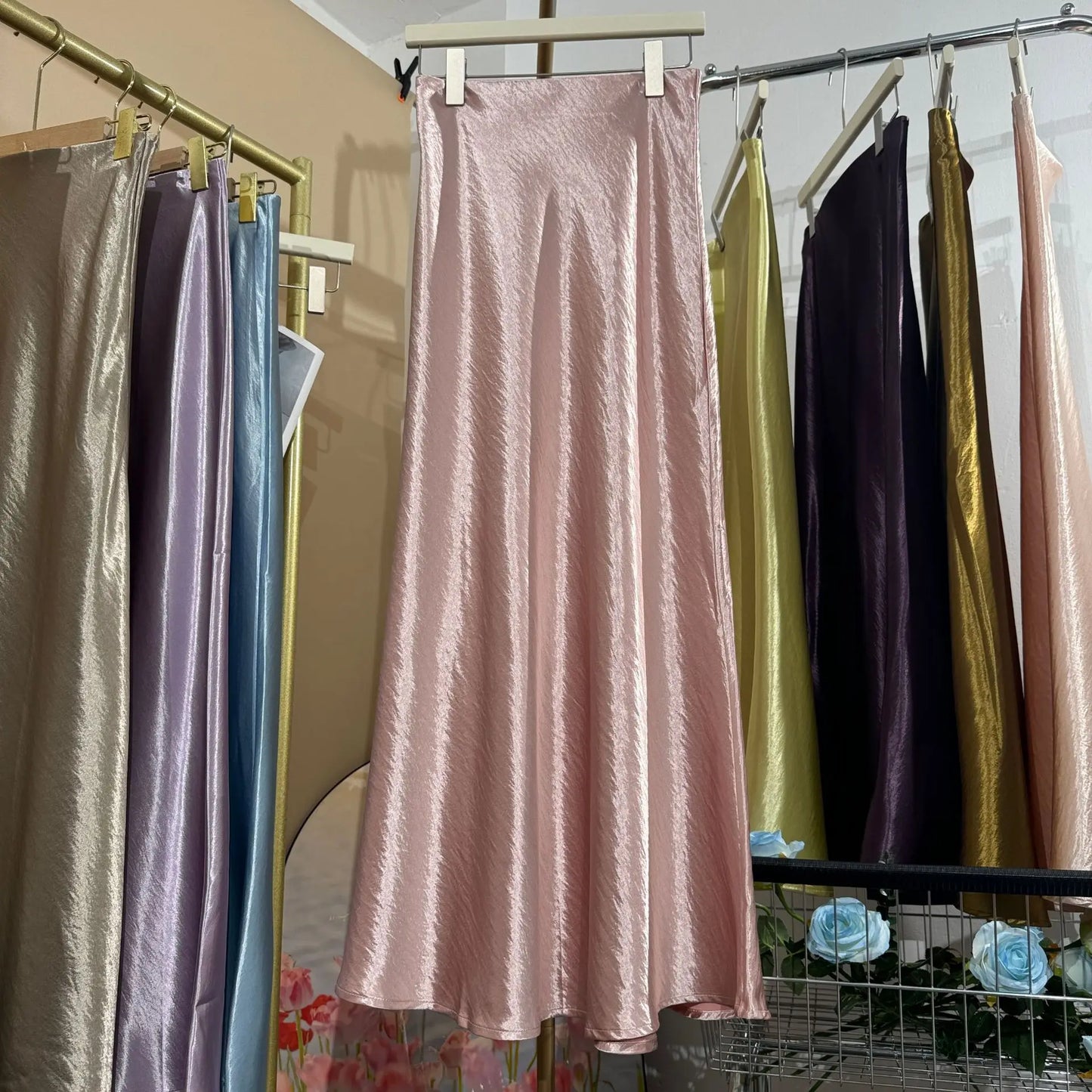 Glossy Satin Midi Skirt
