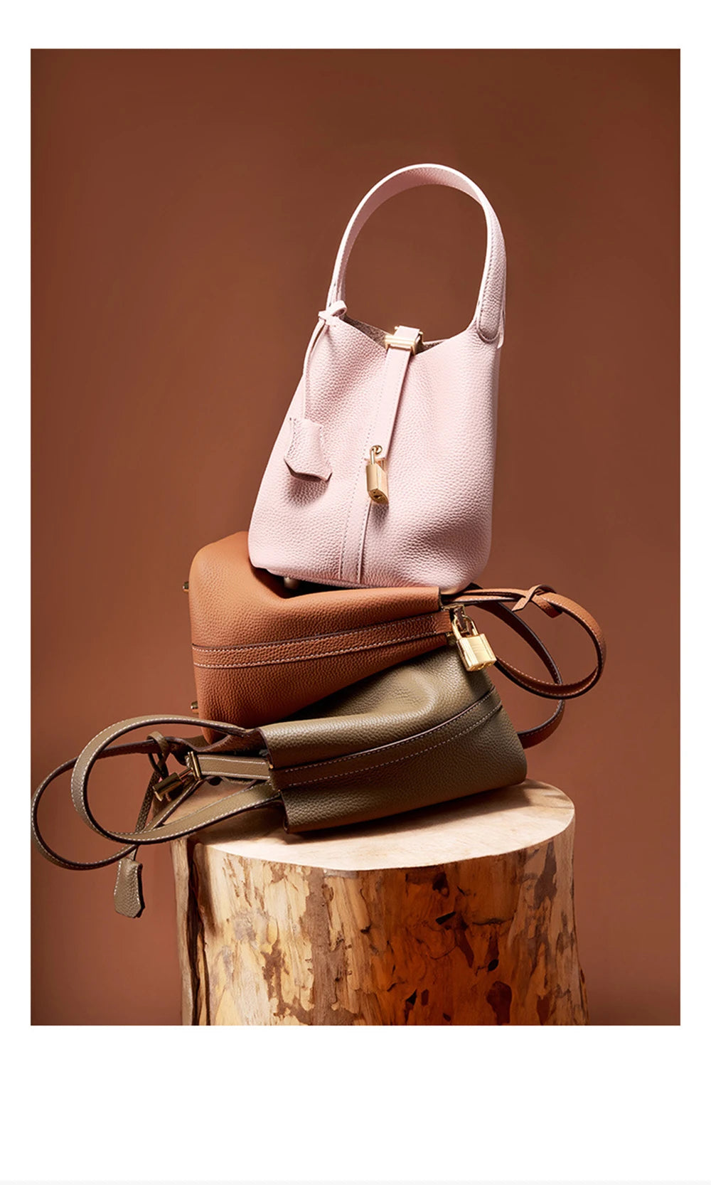Genuine Leather Bucket Bag with Lock