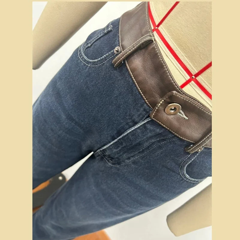 Leather Patchwork Denim Trousers