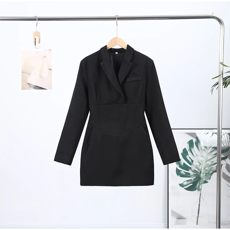 Lapel Waist Cinching Suit Dress