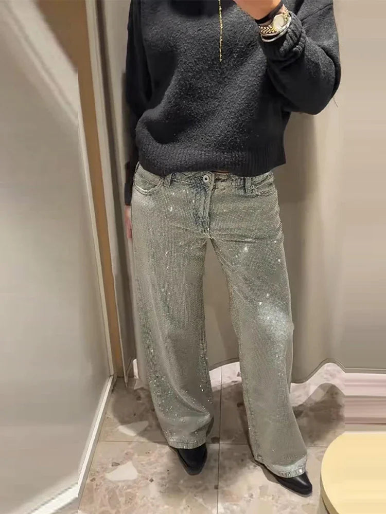 Sparkling Star Denim Wide-leg Pants