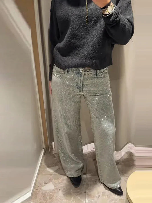 Sparkling Star Denim Wide-leg Pants