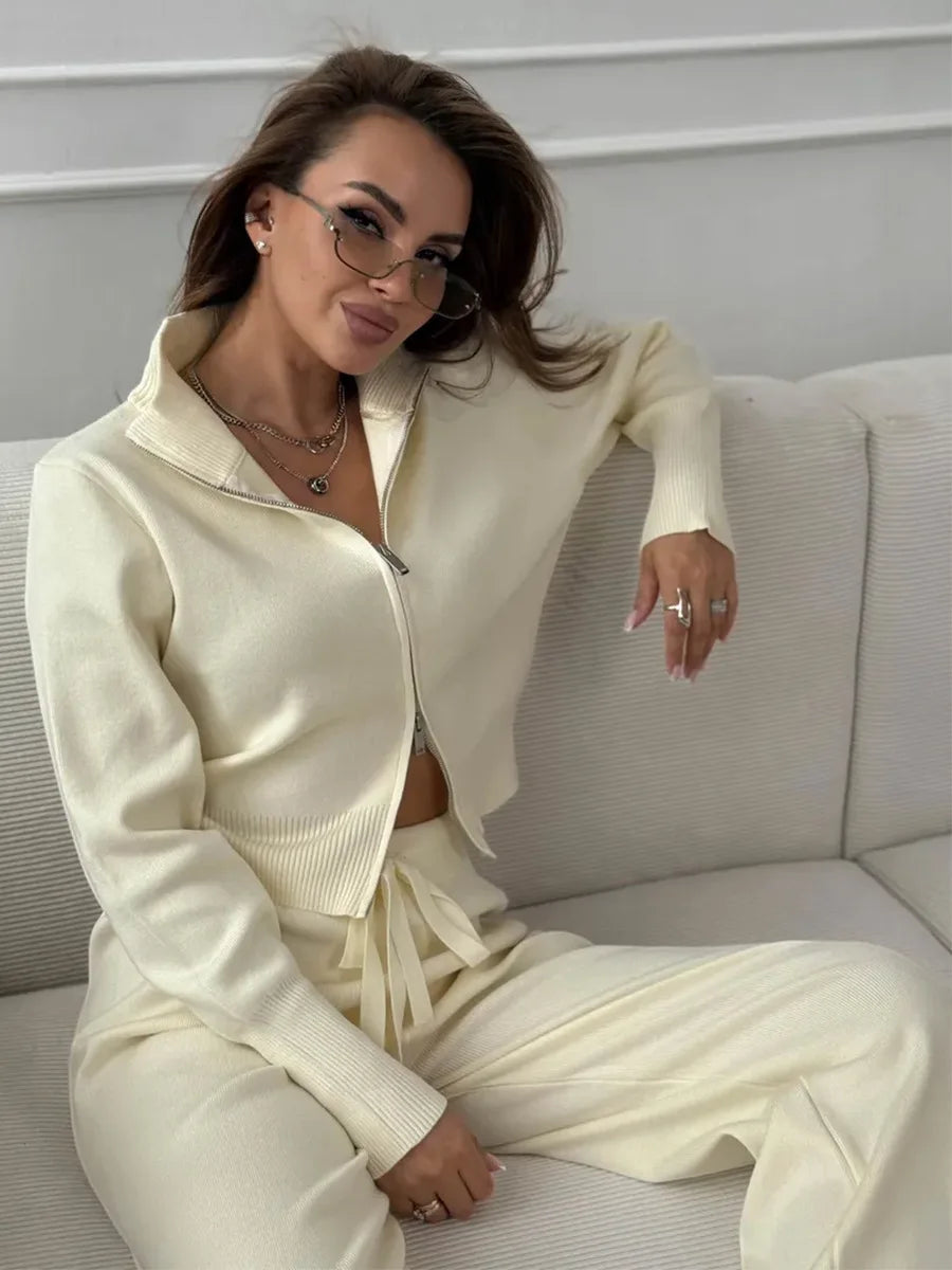 Knit Zip Up Cardigan Wide Leg Pants Set