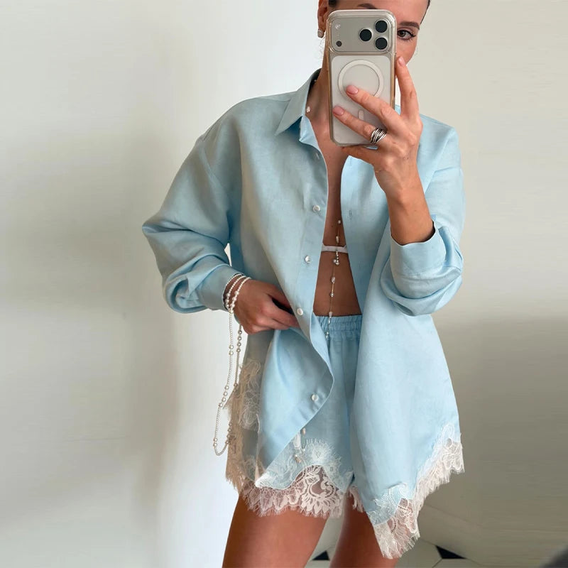 Long Sleeve Button Up Lace Patchwork Shorts Set