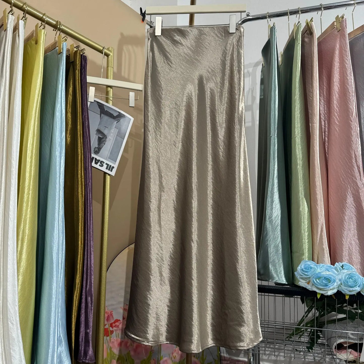 Glossy Satin Midi Skirt