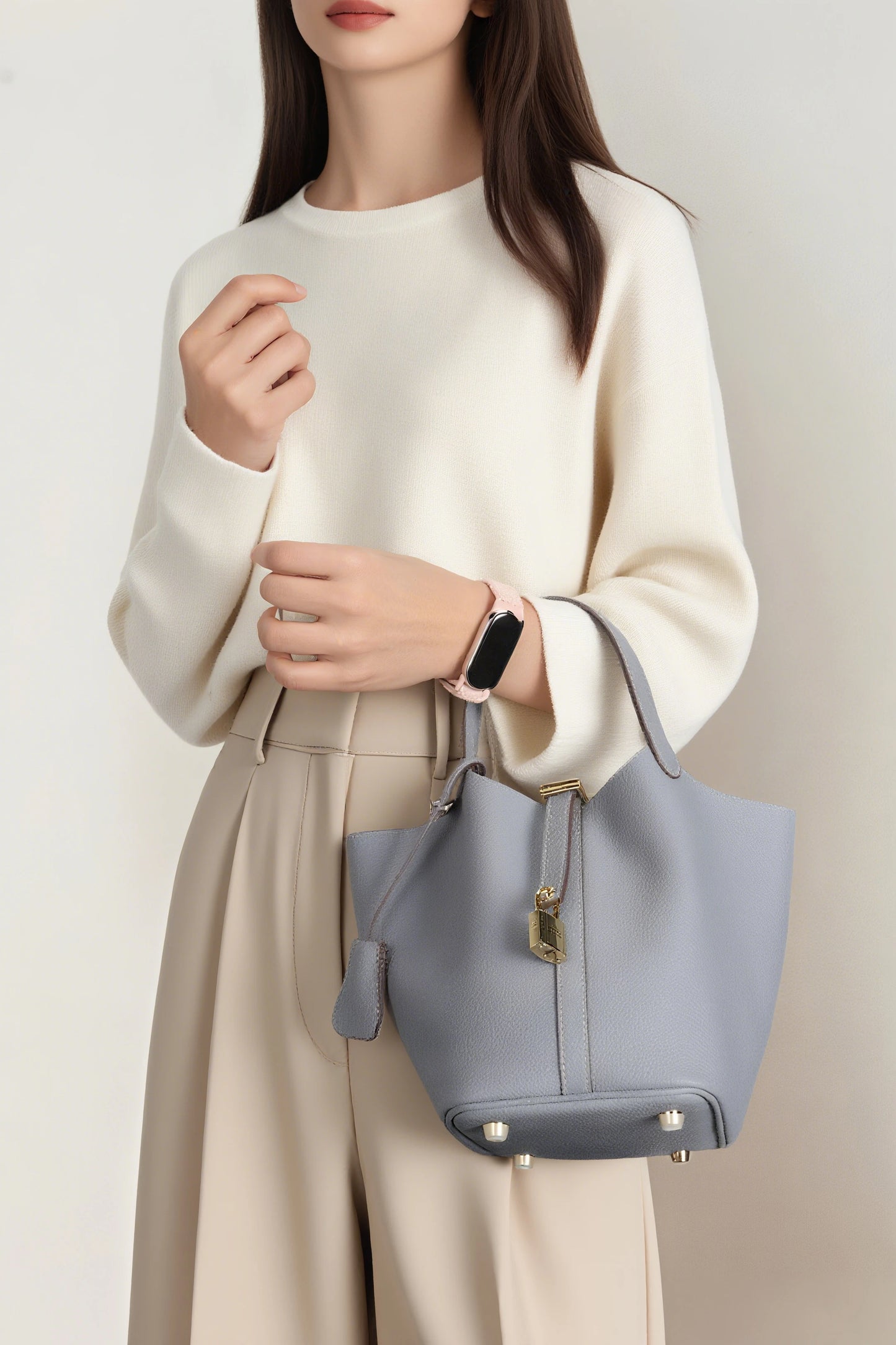 Genuine Leather Bucket Bag with Lock