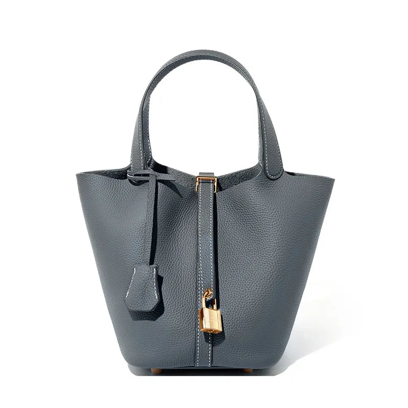Genuine Leather Bucket Bag with Lock