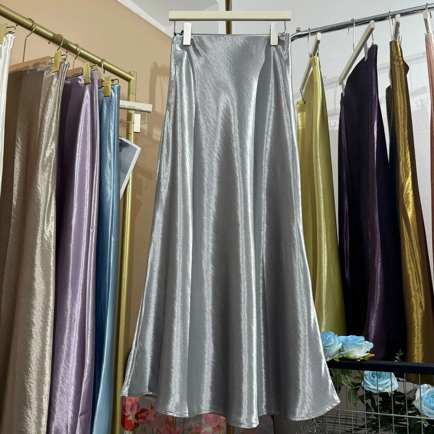 Glossy Satin Midi Skirt