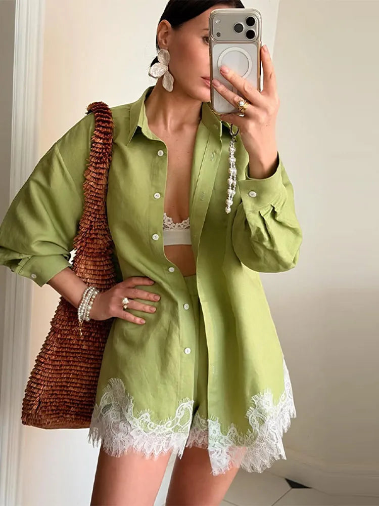 Long Sleeve Button Up Lace Patchwork Shorts Set