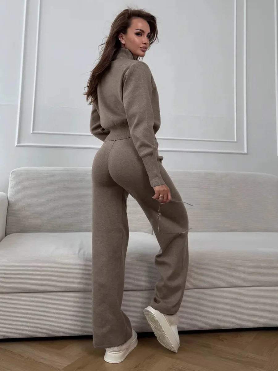 Knit Zip Up Cardigan Wide Leg Pants Set