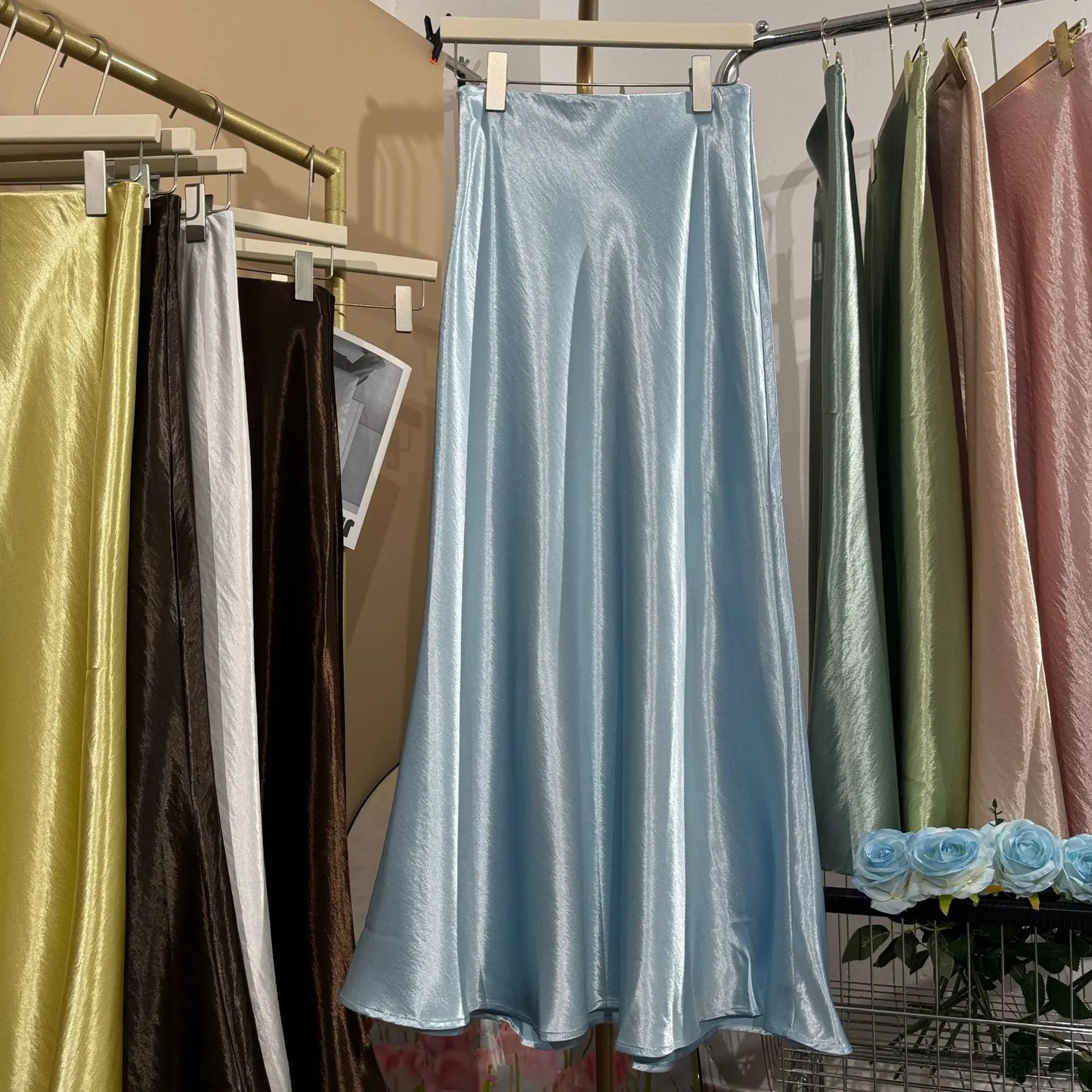 Glossy Satin Midi Skirt