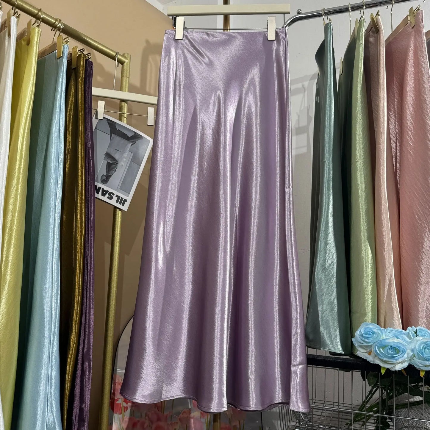 Glossy Satin Midi Skirt