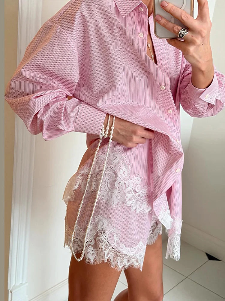 Long Sleeve Button Up Lace Patchwork Shorts Set
