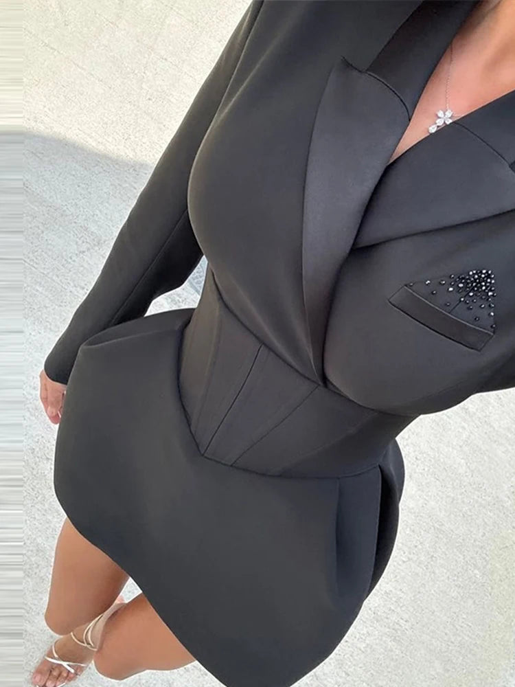 Lapel Waist Cinching Suit Dress