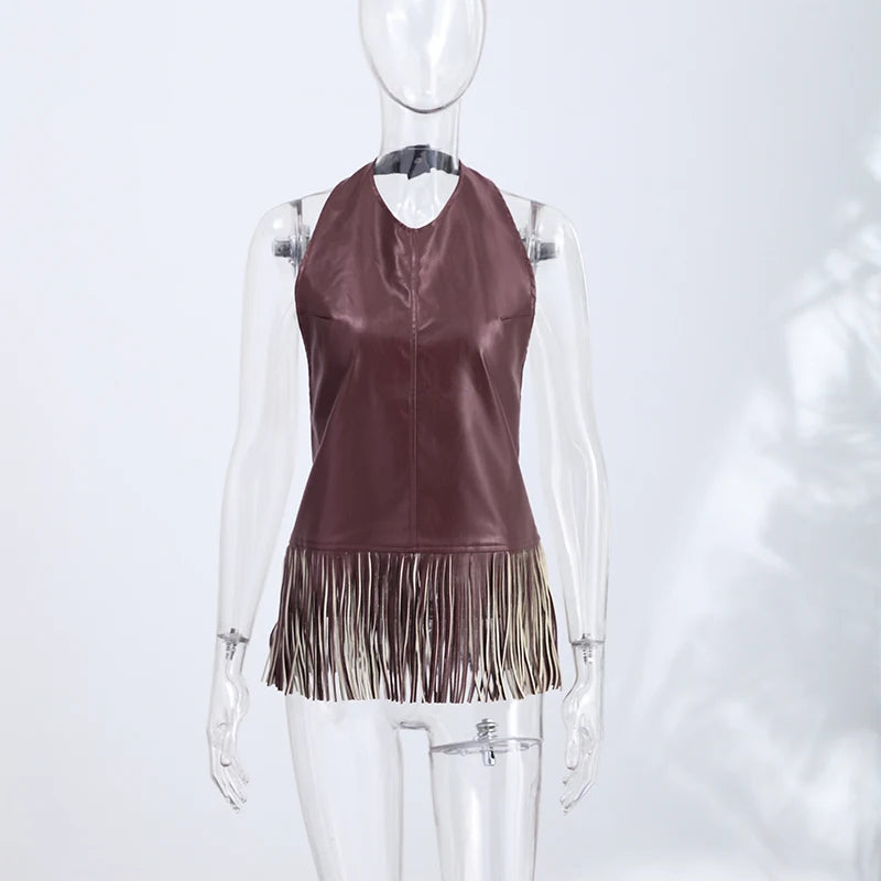 Faux Leather Fringe Halter Top